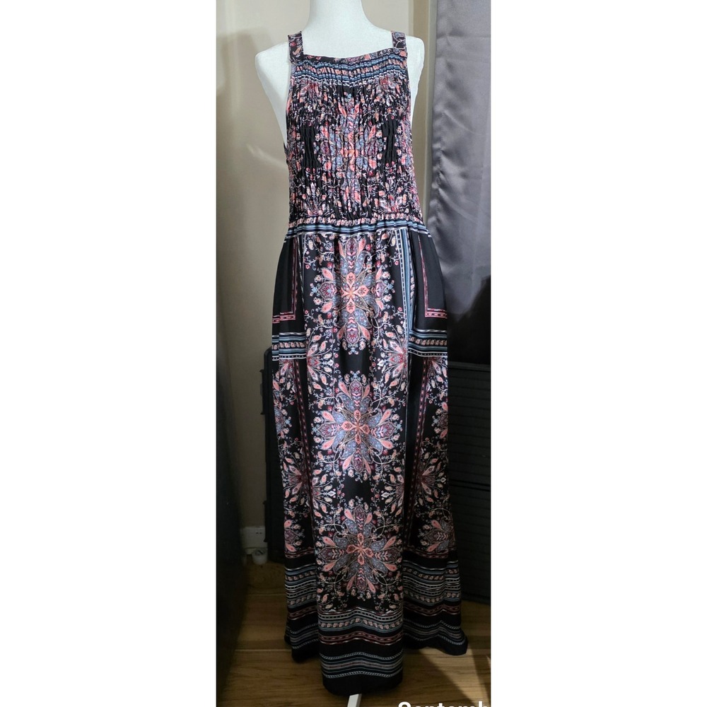 Bailey Blue Womens Smocked Boho Paisley Maxi Dress Black Pink Blue Size 1